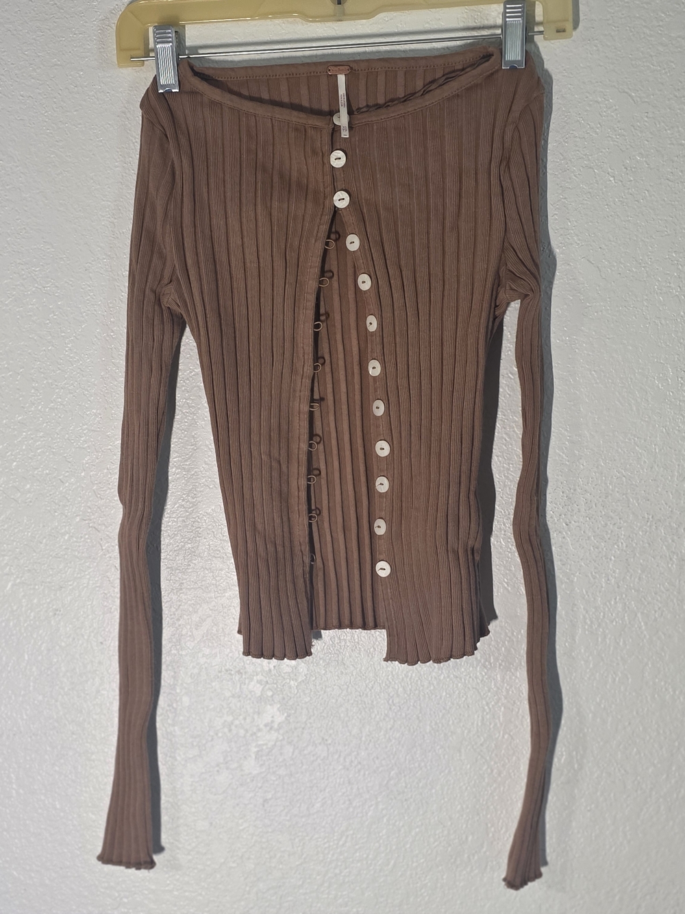 Free People Ribbed Button-Front Long Sleeve Top in Brown